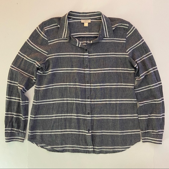 LOFT button down navy stripe blouse size Large - Picture 2 of 5